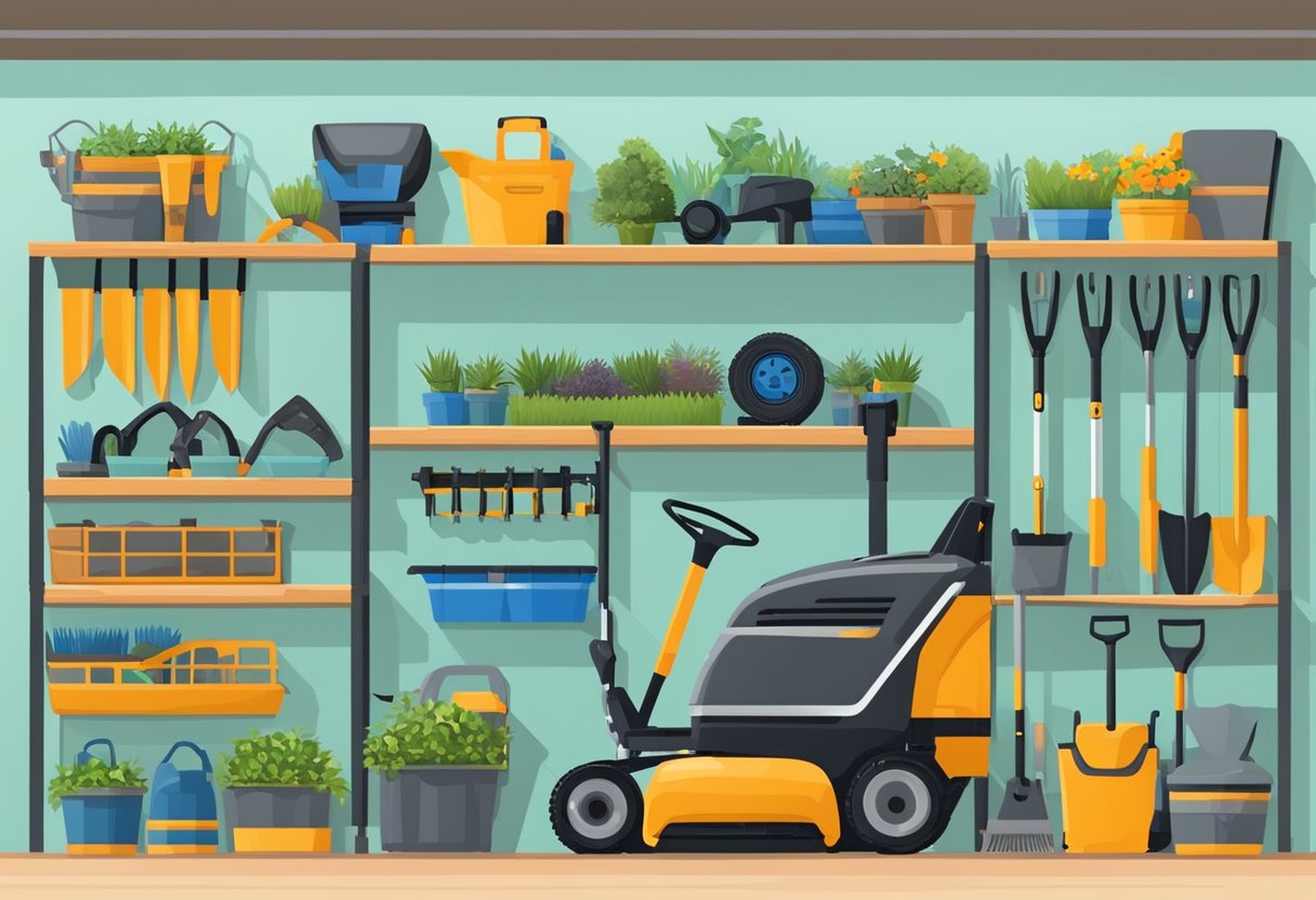 A variety of landscaping equipment is neatly organized on shelves and racks in a spacious rental shop. A lawnmower, trimmers, and shovels are prominently displayed