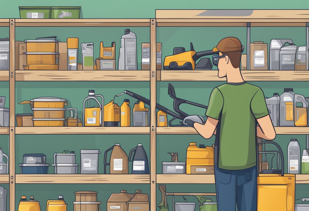 A variety of landscaping equipment displayed on shelves with clear labels. A customer browsing and comparing different tools