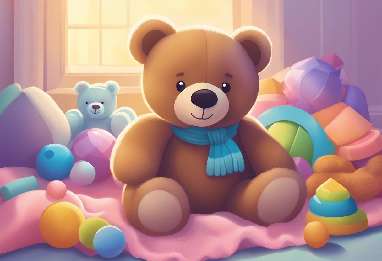 A fluffy teddy bear sits on a soft, pastel-colored blanket surrounded by colorful toys and a gentle, warm light shining down from above