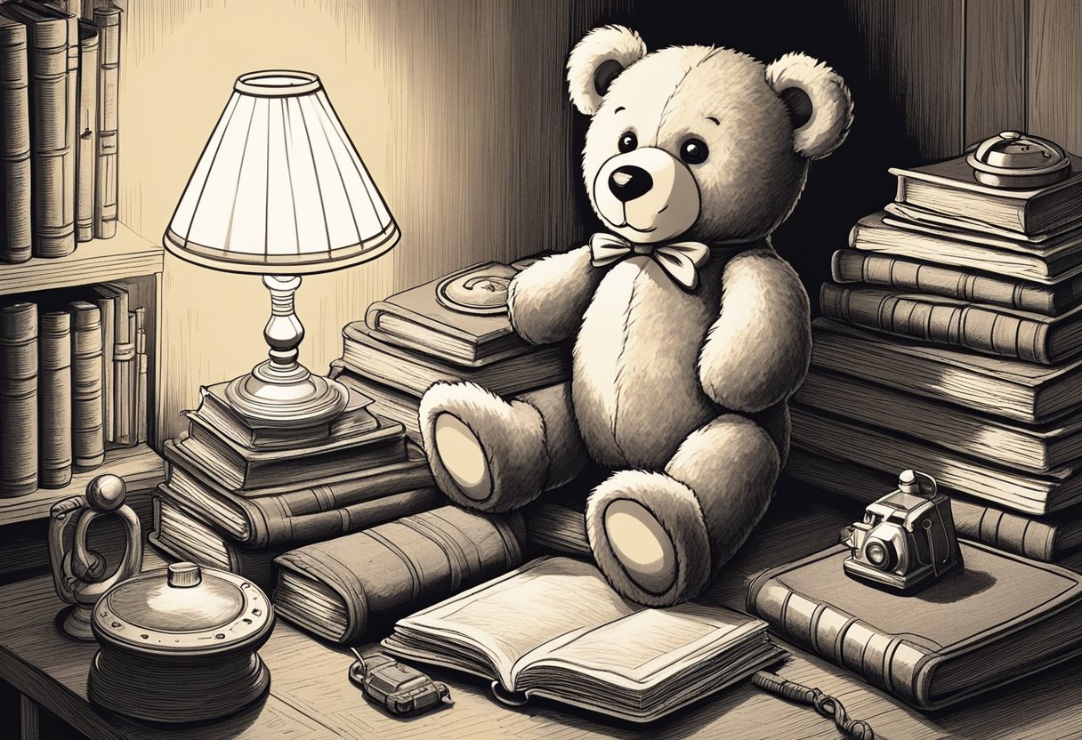 A teddy bear sits atop a stack of old books, surrounded by vintage toys and a soft, cozy blanket. The warm glow of a bedside lamp illuminates the scene