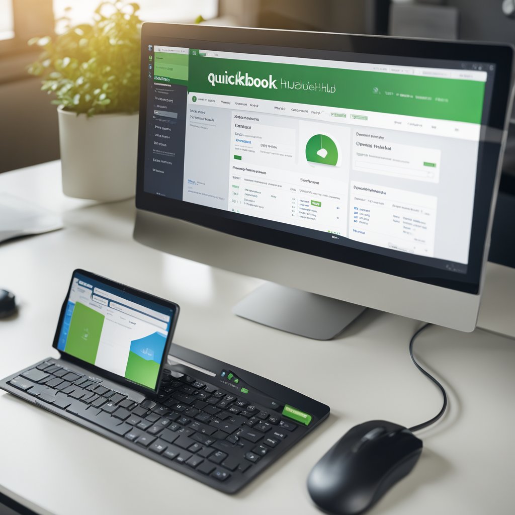 A computer screen displaying the QuickBooks Tool Hub website. A mouse clicks on the download button. The installation progress bar fills up. The QuickBooks Tool Hub interface opens with various options