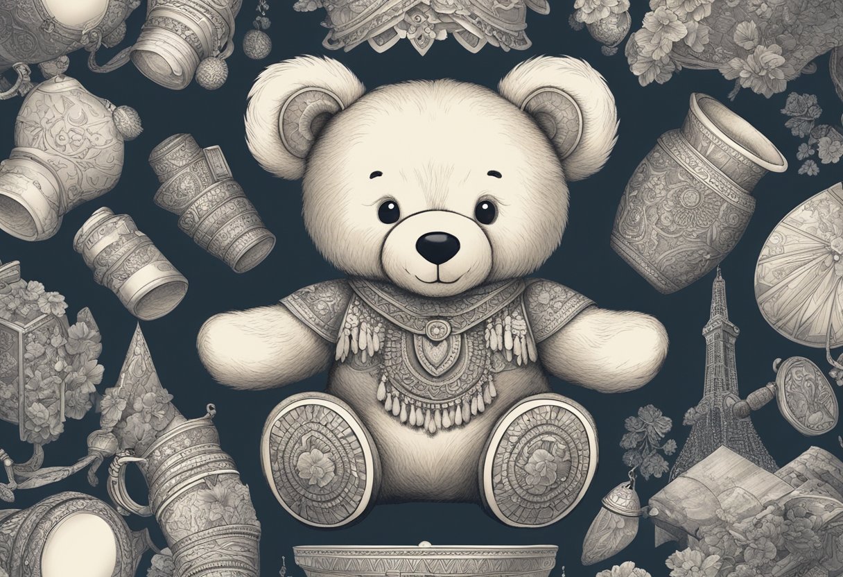 A teddy bear sits adorned with cultural symbols and surrounded by meaningful artifacts