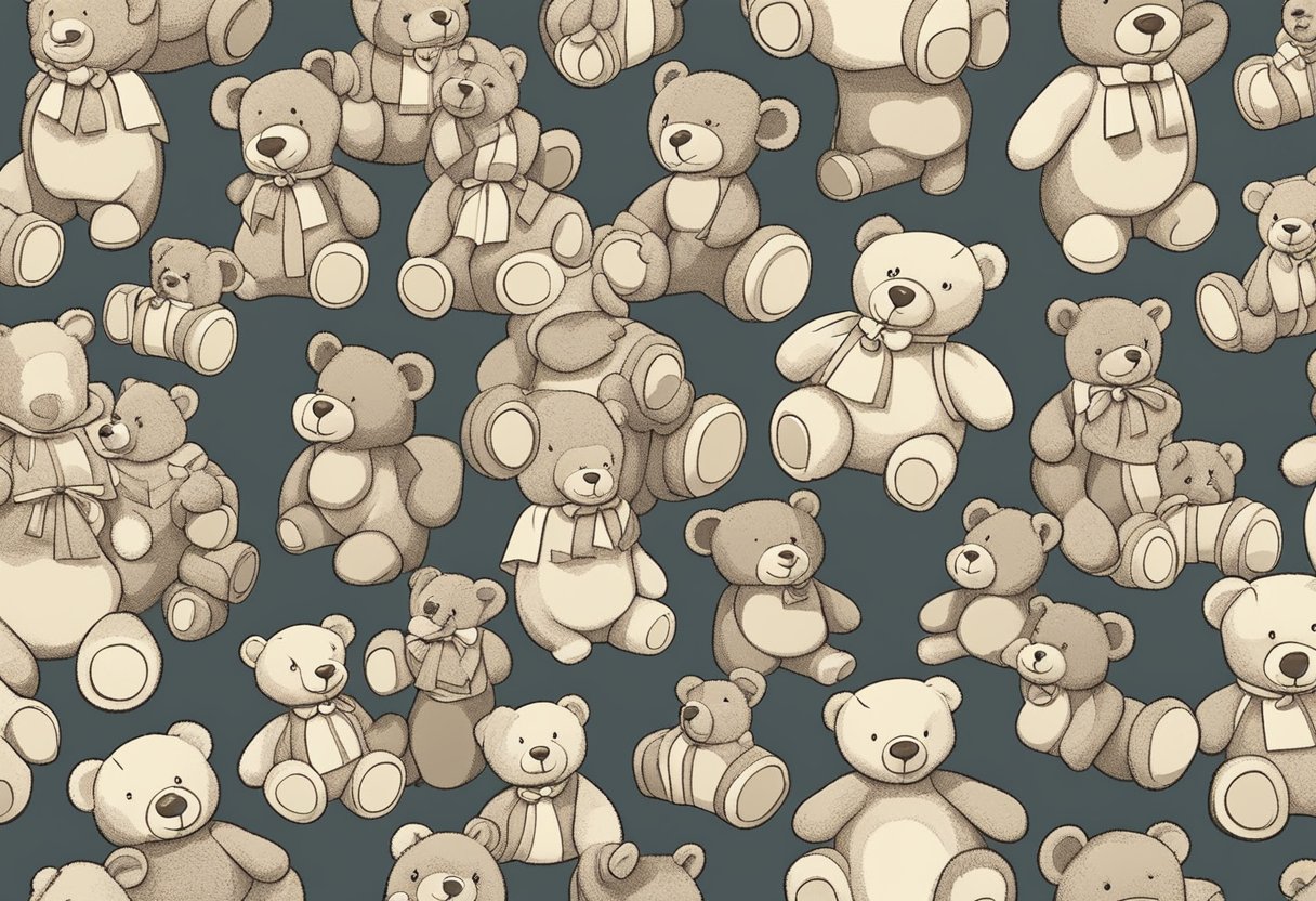 A cute teddy bear surrounded by various name options, with a thoughtful expression on its face