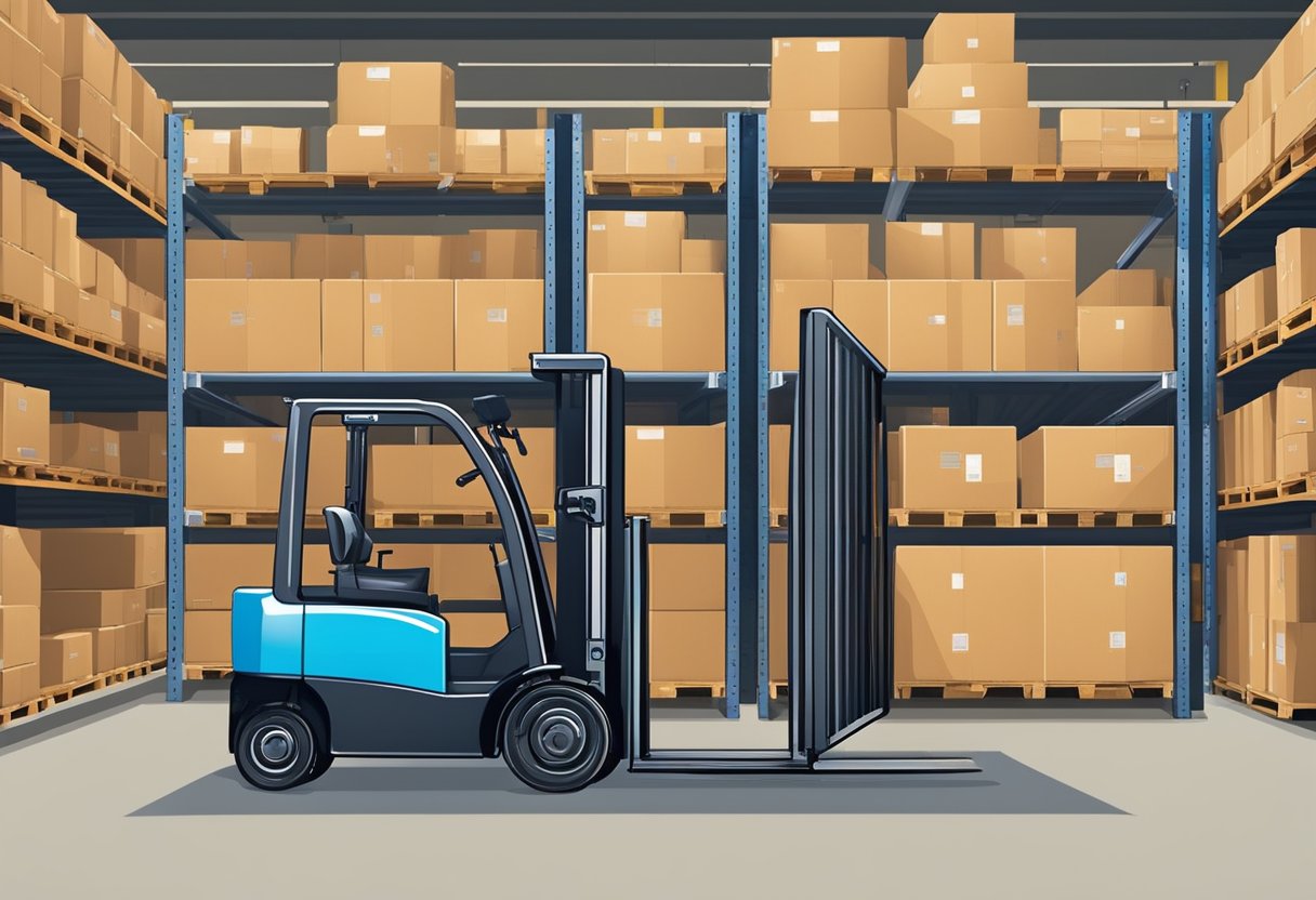 A forklift lifting a pallet, shelves stocked with tools, and a conveyor belt moving boxes in a large warehouse