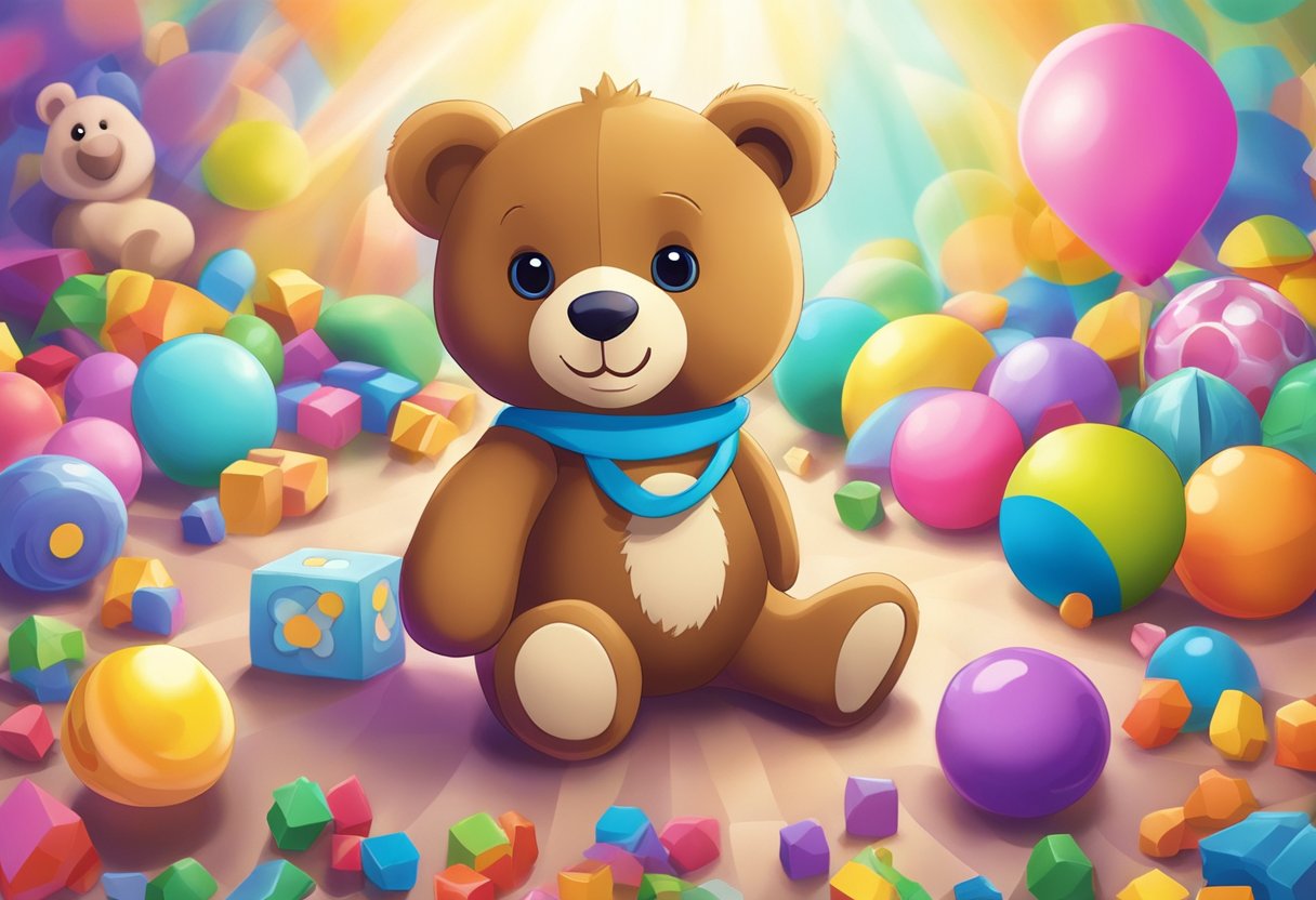 A baby teddy bear named Teddy explores a vibrant world of toys and colors
