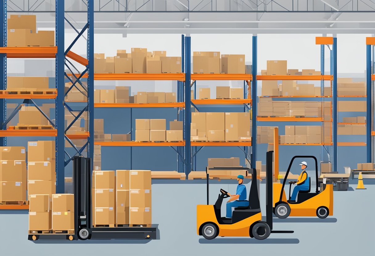 A bustling warehouse with forklifts, pallet jacks, and conveyor belts in use. Workers efficiently move and organize goods, showcasing the benefits of warehouse equipment rental