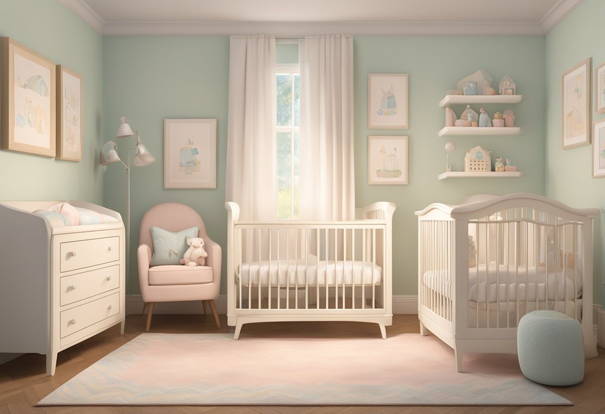 A small, cozy nursery with a name plaque reading "Teagan" above the crib. Soft pastel colors and gentle lighting create a peaceful atmosphere