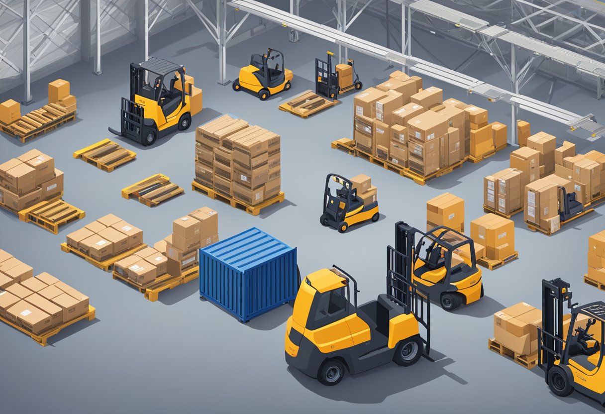 Various warehouse equipment scattered across a large open space. Forklifts, pallet jacks, and conveyor belts are visible, with price tags and rental information displayed nearby