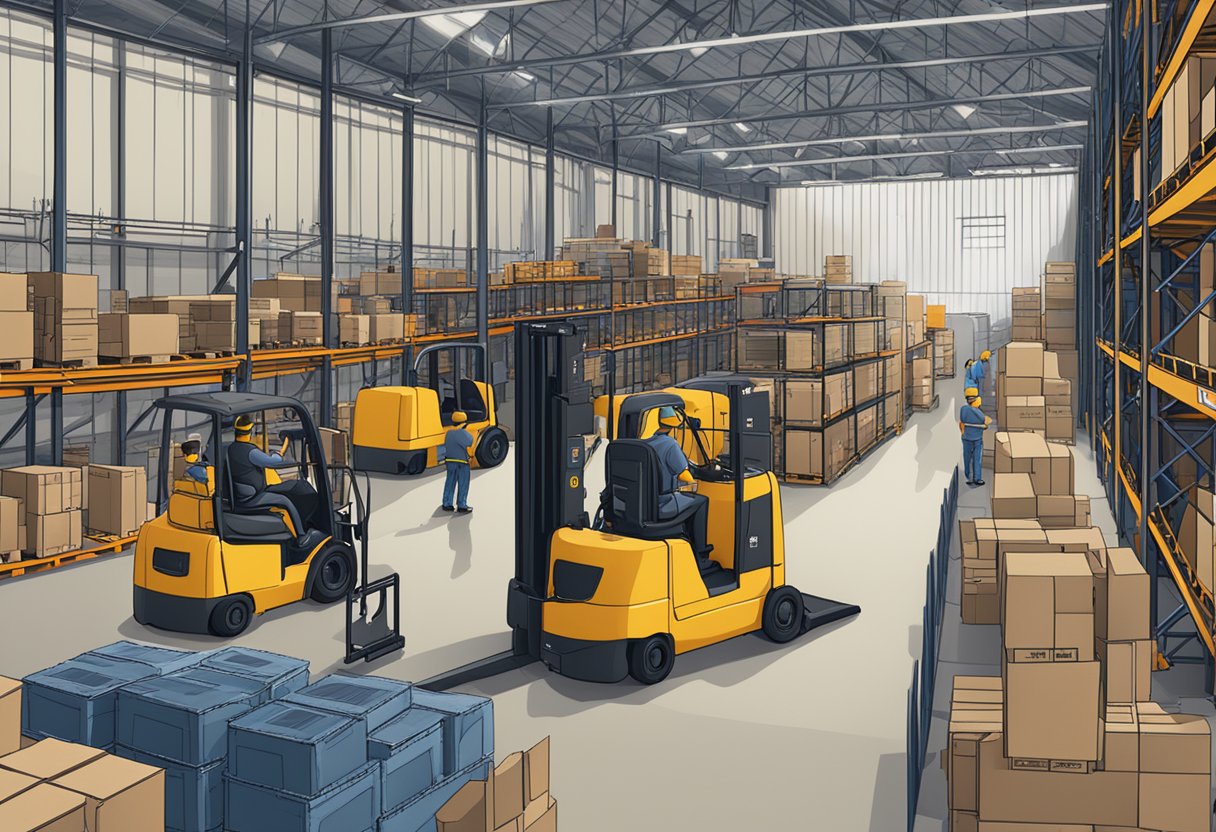 A bustling warehouse with rows of industrial equipment, workers inspecting and moving machinery, and a sign reading "Choosing the Right Rental Provider."