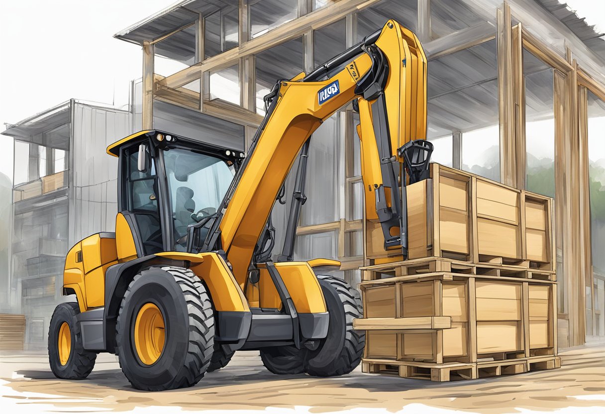 A telehandler lifting pallets onto a truck at a construction site