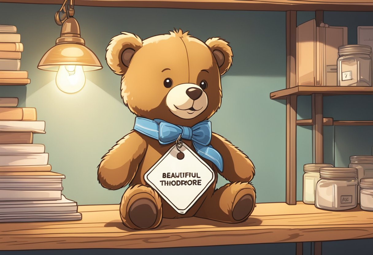 A smiling teddy bear sits on a shelf, with a small name tag reading "Theodore" attached to its paw