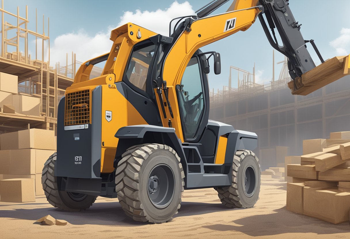 A telehandler sits on a construction site, surrounded by various equipment and materials. Its specifications and rental information are displayed on a sign nearby