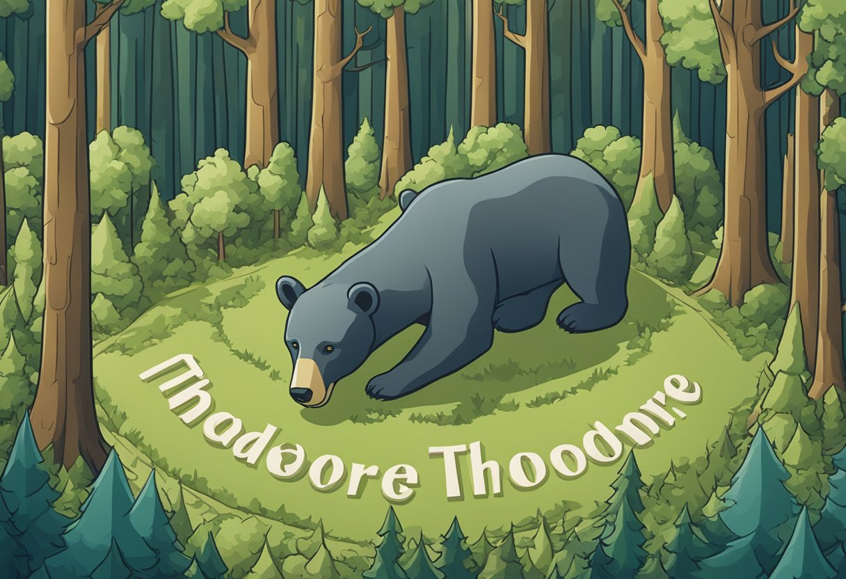 Theodore name on a banner held by a bear in a forest clearing