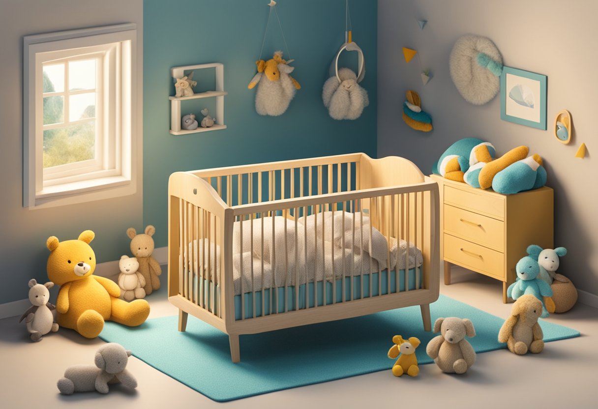 A small crib with the name "Theo" written in colorful letters, surrounded by soft toys and a cozy blanket