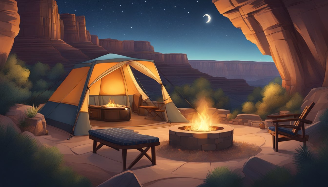 A luxurious tent nestled in the rugged terrain of the Grand Canyon, with a cozy fire pit and comfortable seating area. Majestic cliffs and a starry sky loom overhead