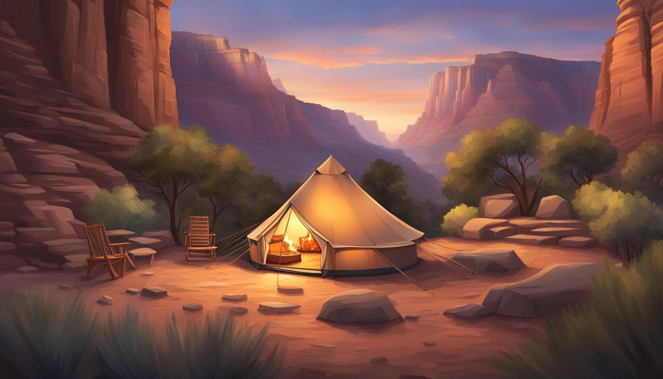 A cozy glamping tent nestled in the breathtaking Grand Canyon, surrounded by rugged cliffs and towering trees. A warm fire crackles nearby, casting a soft glow on the peaceful scene