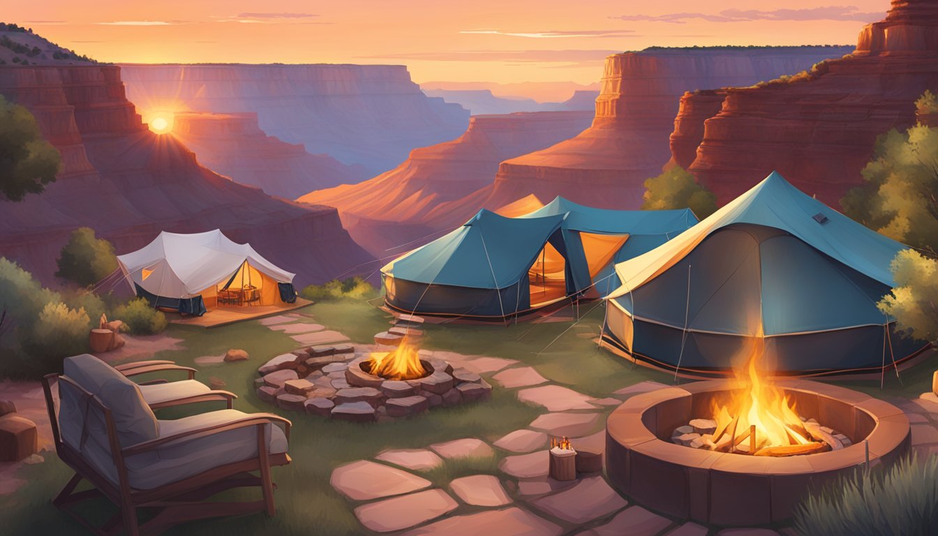 Sunset over Grand Canyon glamping site with luxurious tents, cozy fire pits, and stunning views of the canyon