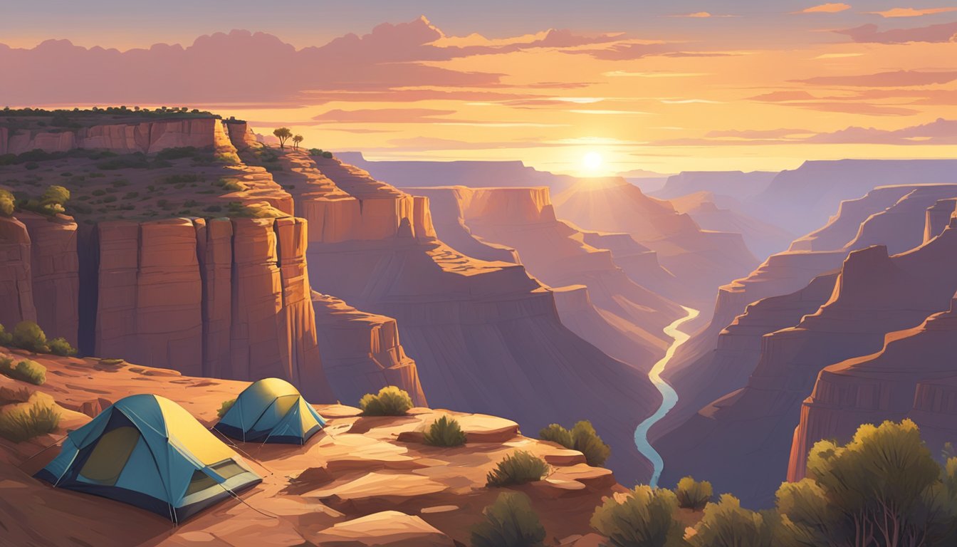 Sunset over the Grand Canyon, with luxurious tents nestled among the rugged landscape. A group of hikers sets out to explore the surrounding areas, with towering cliffs and deep canyons in the distance