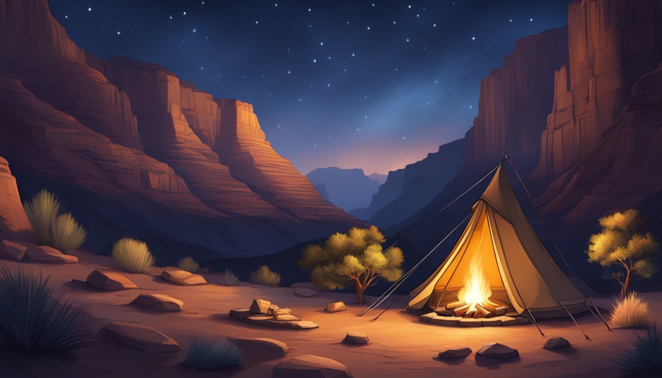 A cozy tent nestled in the Grand Canyon, surrounded by towering cliffs, a crackling campfire, and a starry night sky