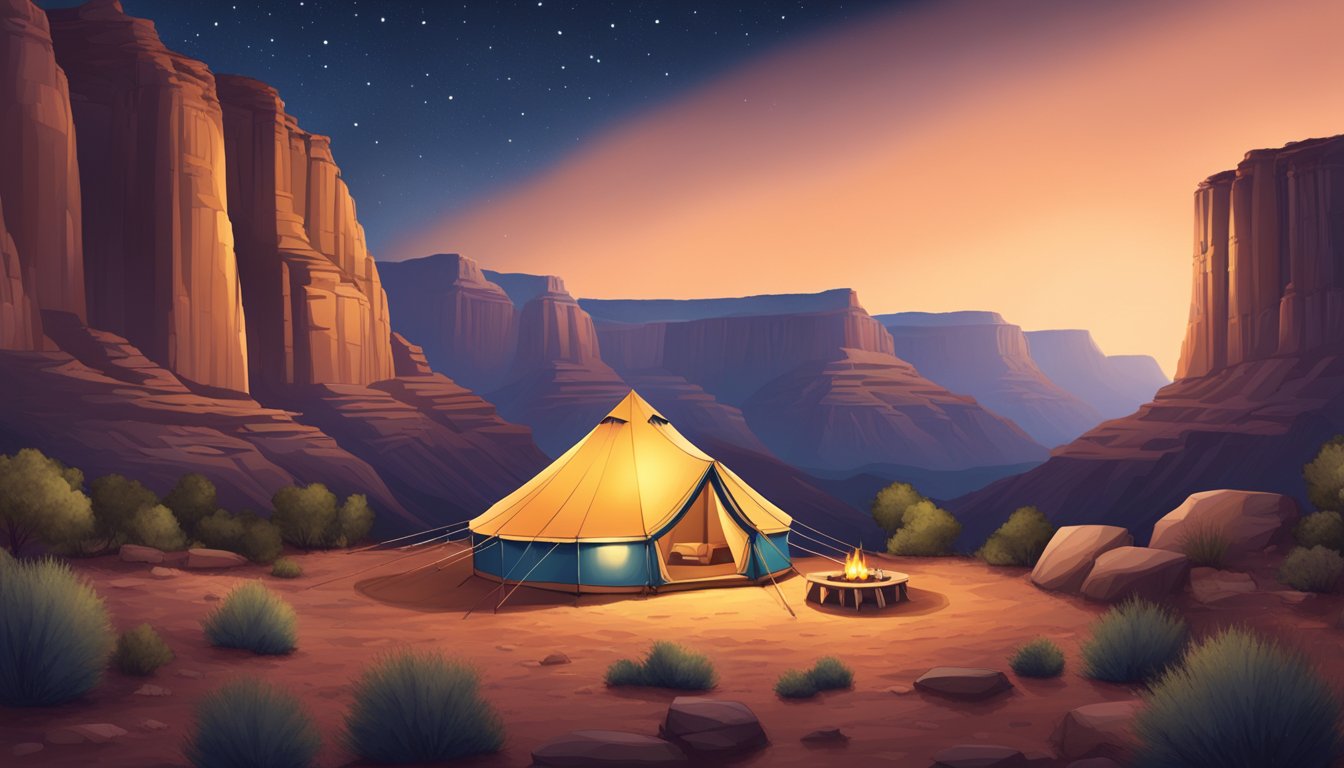 A cozy glamping tent nestled in the Grand Canyon, surrounded by towering cliffs and a clear night sky