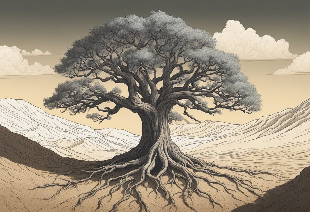 A lone tree stands tall in a barren landscape, its roots stretching deep into the dry earth. The branches reach out, bending and twisting to find sunlight
