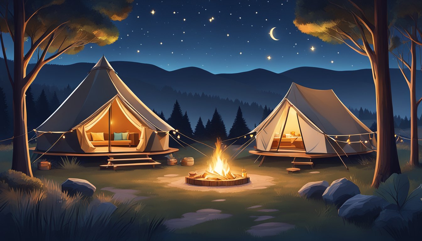 A luxurious glamping site in the Bay Area with stylish tents, cozy outdoor seating, and a crackling campfire under a starry night sky