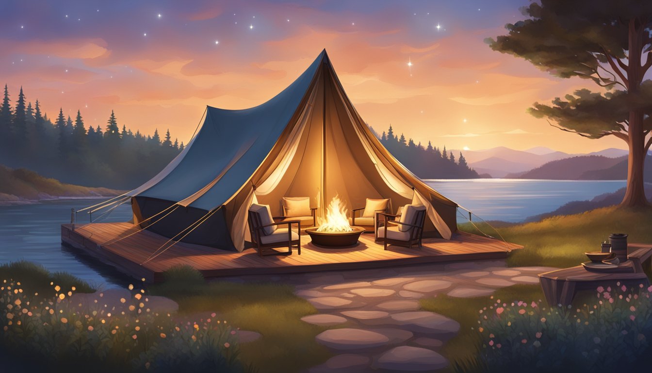 A luxurious tent nestled in a scenic bay area, complete with cozy furnishings, twinkling lights, and a crackling fire pit