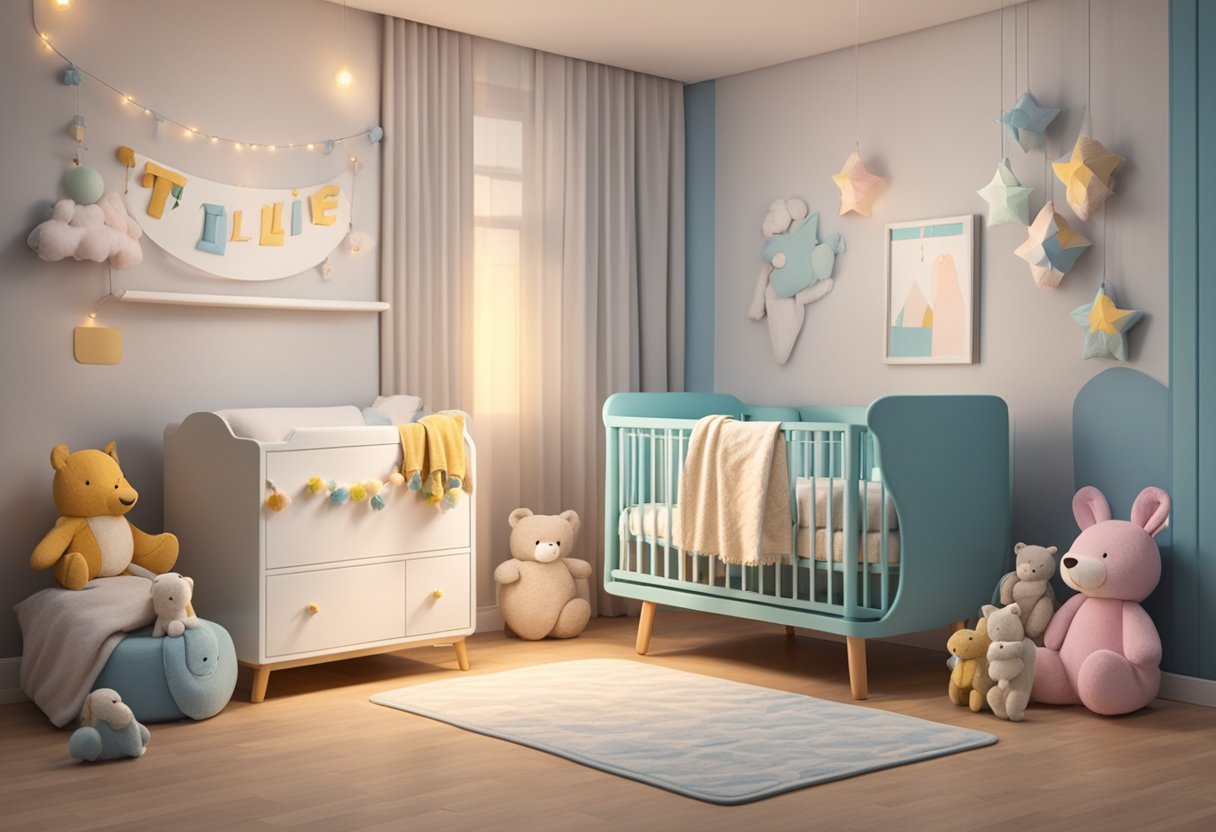 A small crib with the name "Tillie" written in colorful letters hangs on the wall, surrounded by soft toys and a cozy blanket