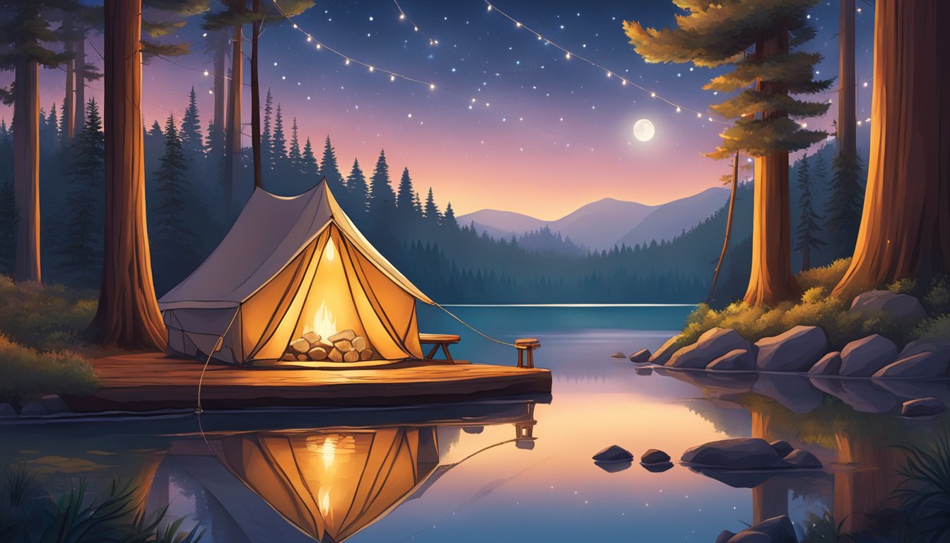 A cozy tent nestled among towering redwoods, with a crackling campfire and twinkling string lights, overlooking a serene lake in the Bay Area