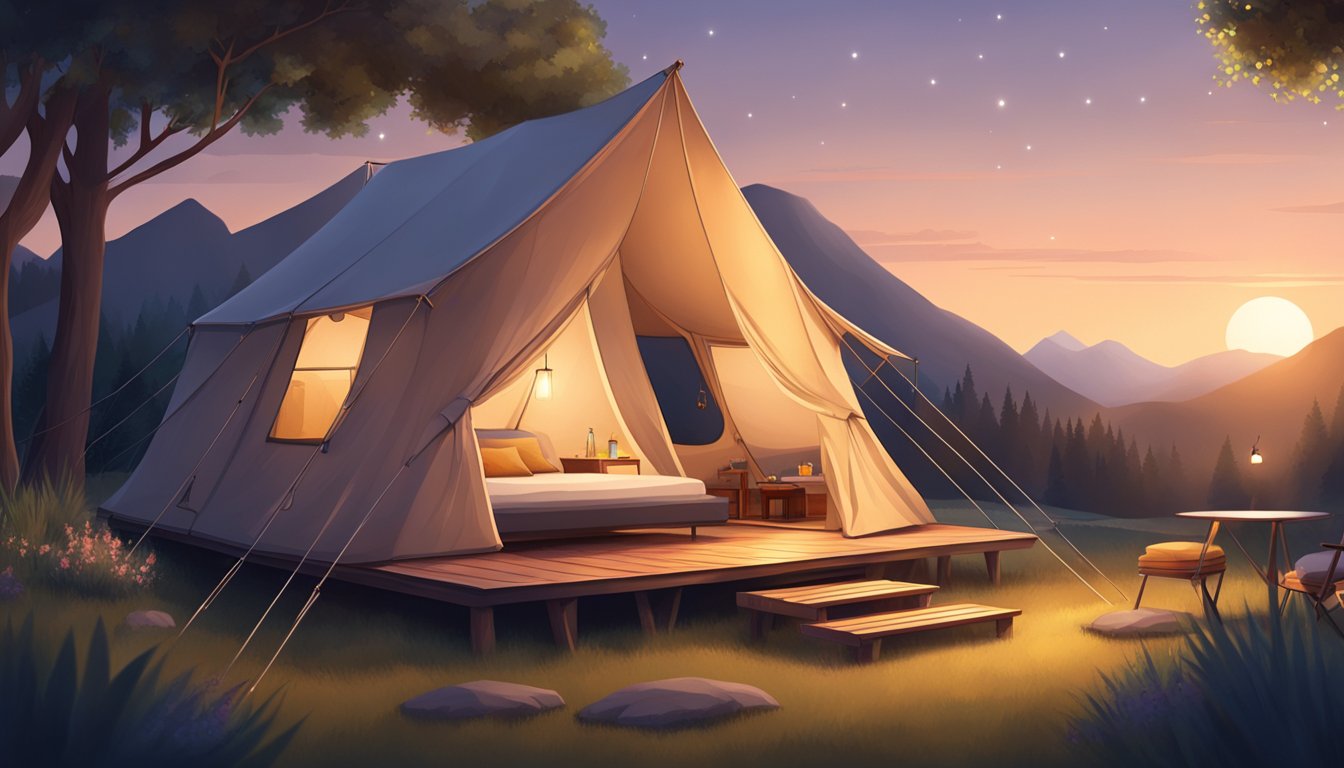 A cozy glamping tent with a comfortable bed, soft lighting, and a small outdoor seating area surrounded by nature