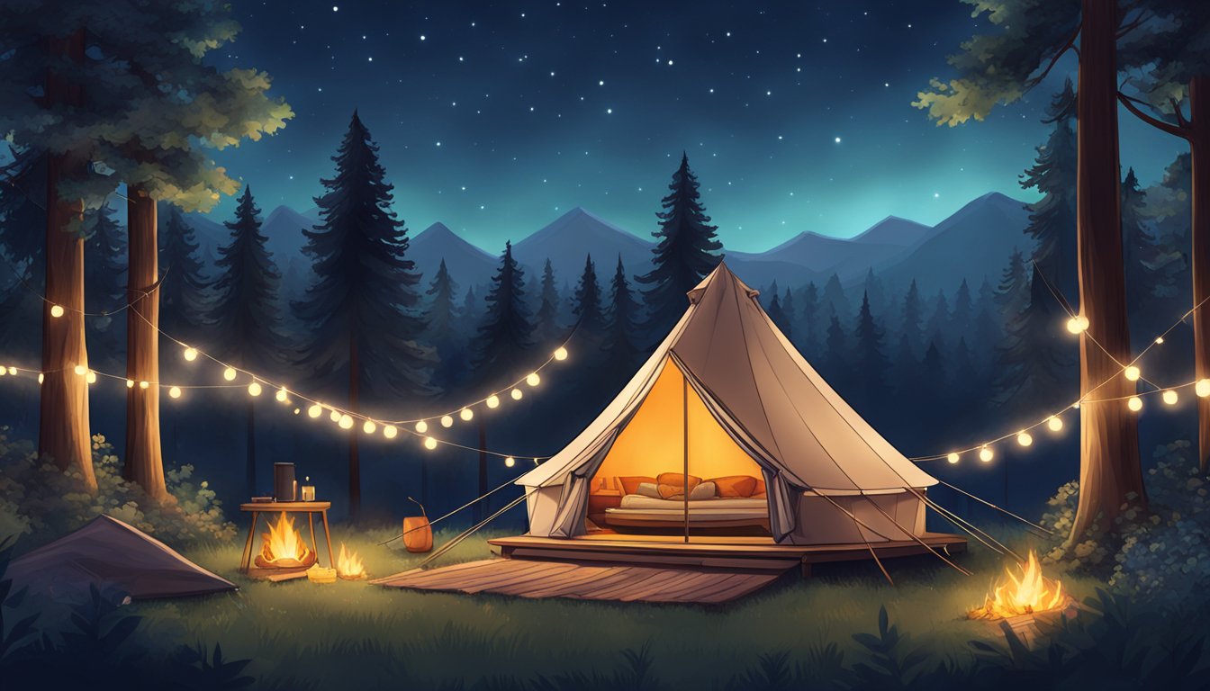 A cozy glamping tent nestled in a lush, forested area with a crackling campfire, twinkling string lights, and a clear night sky above