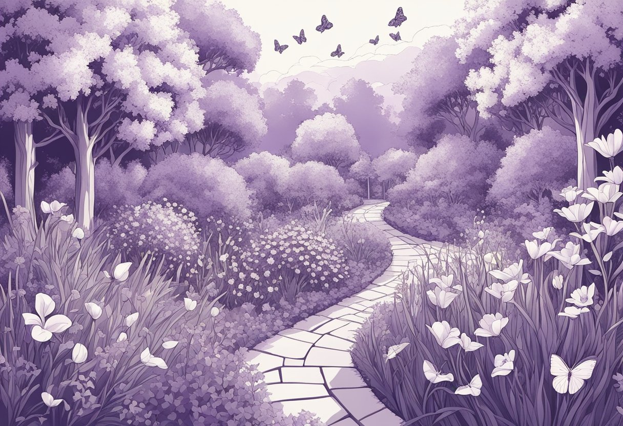 A whimsical garden with blooming flowers and fluttering butterflies, a soft breeze carrying the sweet scent of honeysuckle and lavender