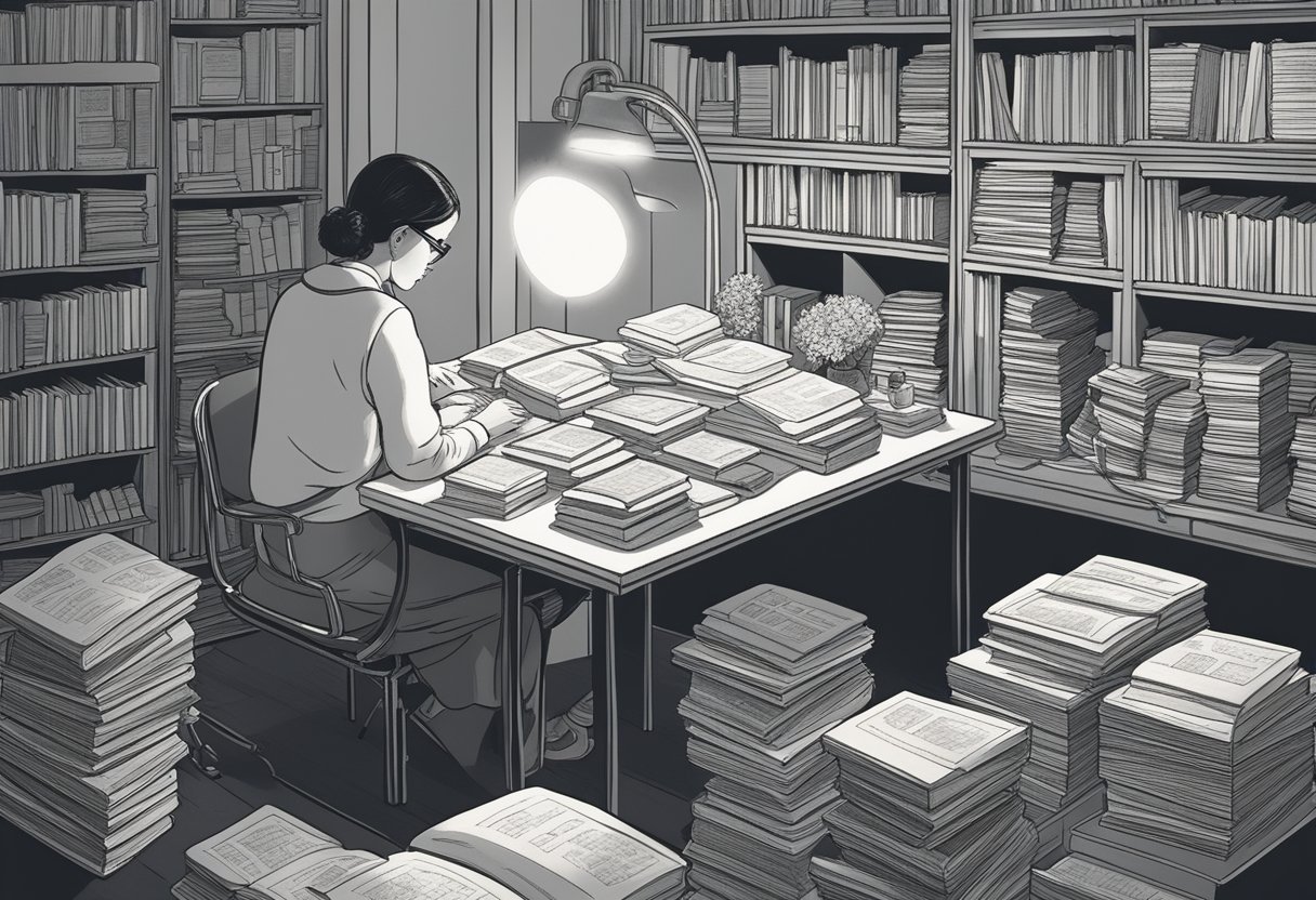 A person sits at a desk, surrounded by baby name books and lists. They are deep in thought, considering and weighing various options for the name "Tillie"