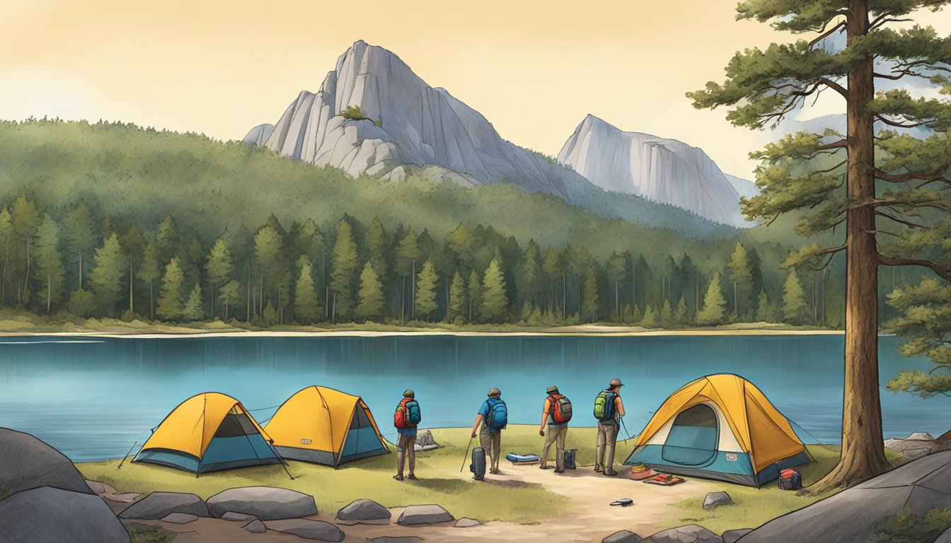 Campers setting up tents near a lake, surrounded by towering trees and rocky mountains in Stone Mountain State Park