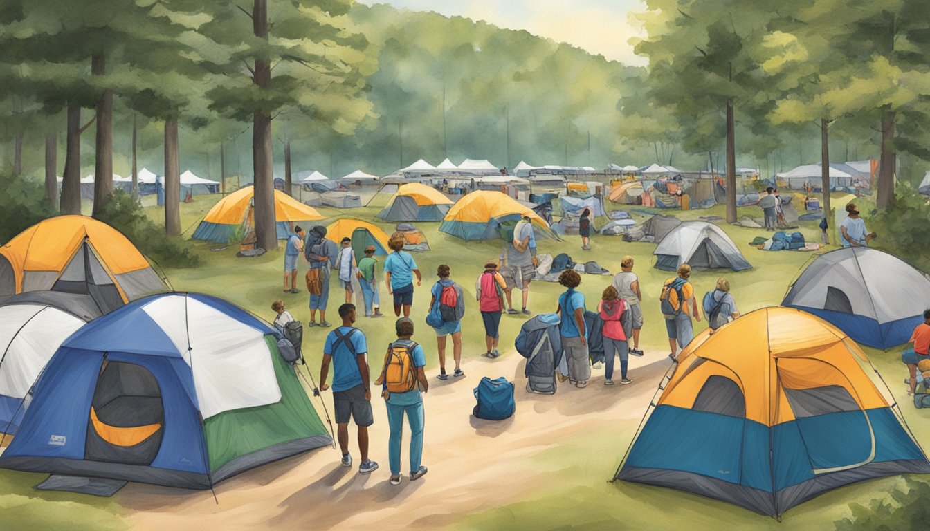 Visitors arriving at Stone Mountain State Park, setting up tents for camping