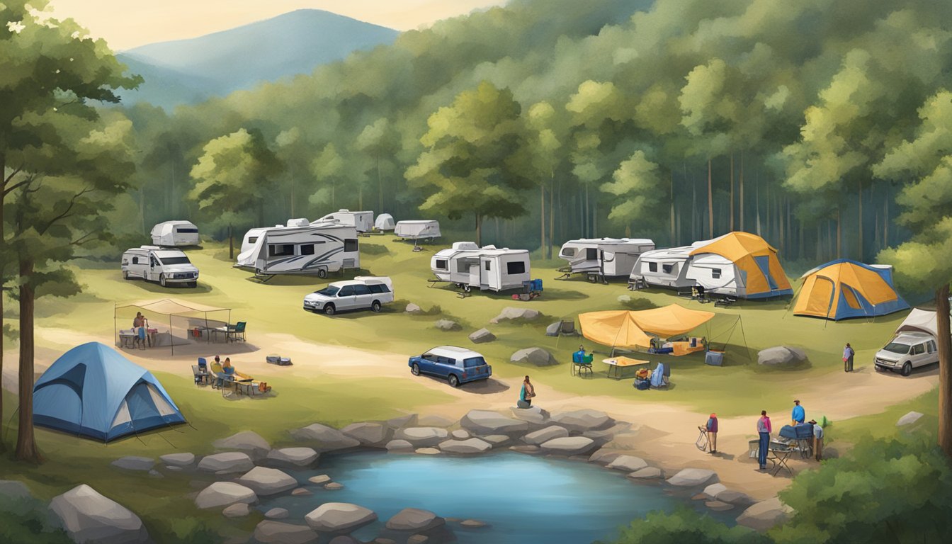 The scene depicts Stone Mountain State Park camping options, with various tents and RVs set up among the trees and near the mountain