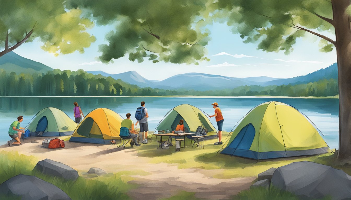 Campers setting up tents near a lake, surrounded by lush green trees and rocky mountains at Stone Mountain State Park