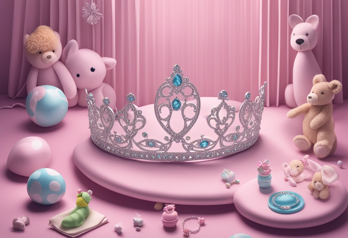 A sparkling tiara sits atop a soft, pink pillow, surrounded by delicate baby items and toys