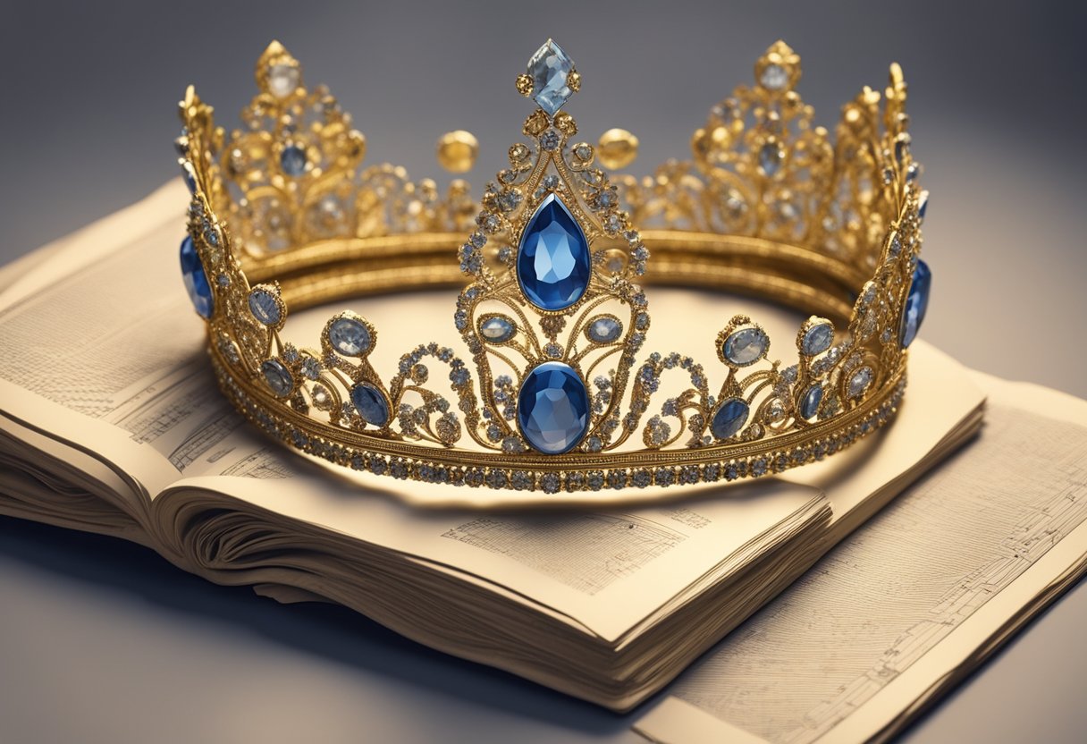A golden tiara adorned with jewels, resting on a velvet pillow in front of a backdrop of historical documents and artifacts