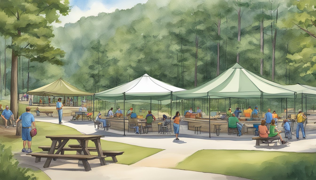 The scene features park facilities such as camping sites, picnic areas, and visitor information center at Stone Mountain State Park