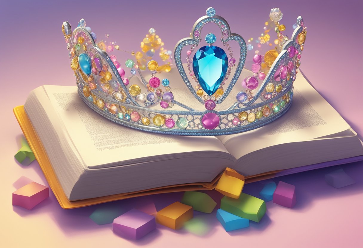 A sparkling tiara atop a baby name book, surrounded by colorful linguistic characteristics like "sweet," "strong," and "unique."