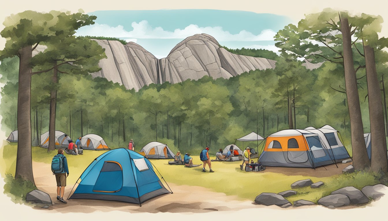 A campsite at Stone Mountain State Park with tents, a campfire, and hikers exploring the surrounding trails. The park's iconic granite rock face looms in the background
