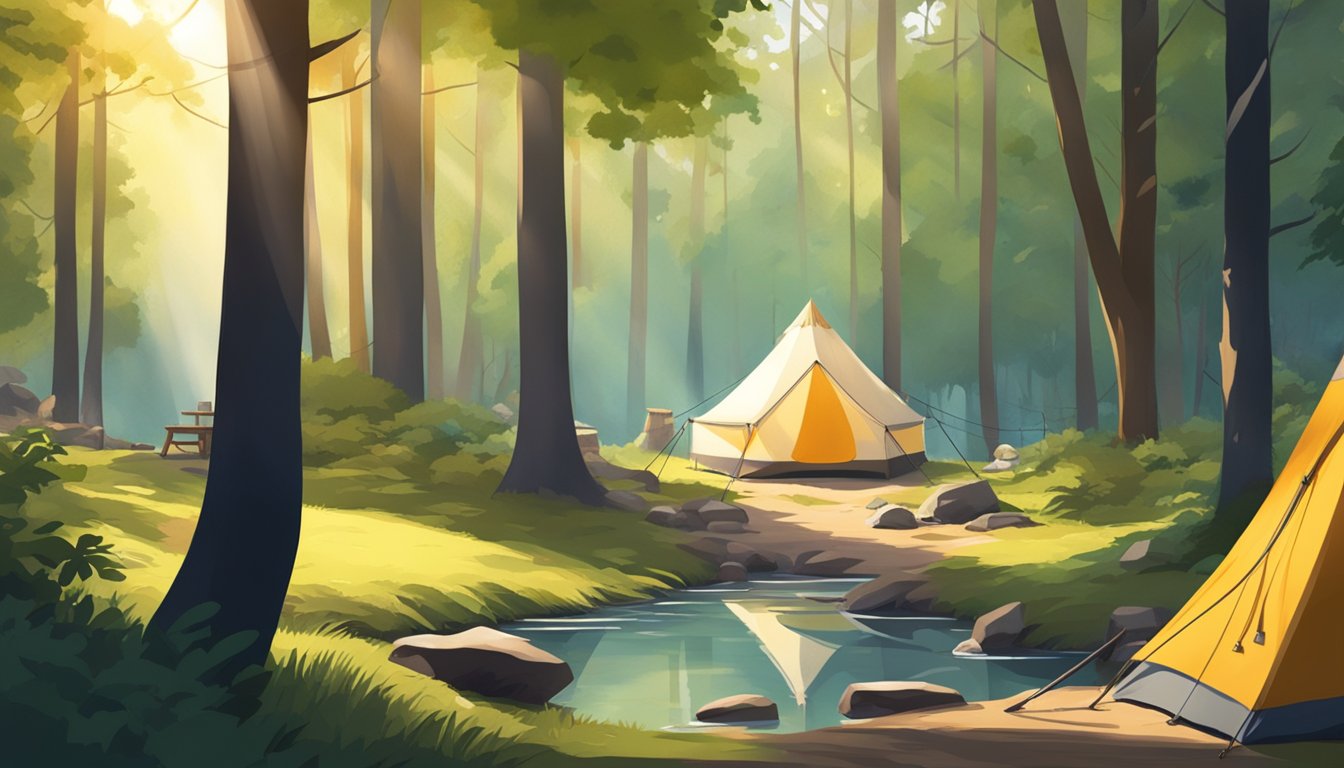 Sunlight filters through the dense forest, casting dappled shadows on the tranquil campsite. A small fire crackles in the center, surrounded by tents and camping gear. The sound of a nearby stream adds to the peaceful ambiance