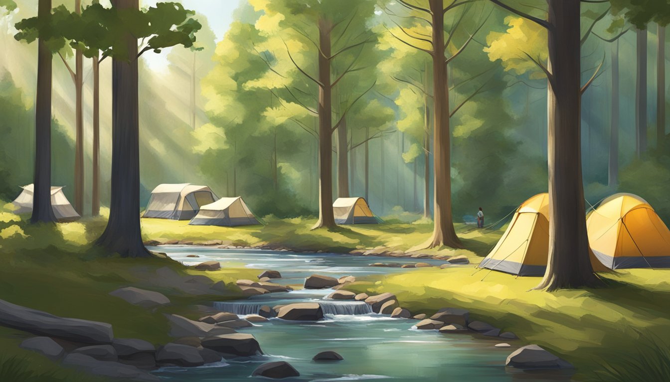 Sunlight filters through the dense forest onto a tranquil campground at Caledonia State Park. Tents are pitched among towering trees, with a stream meandering nearby