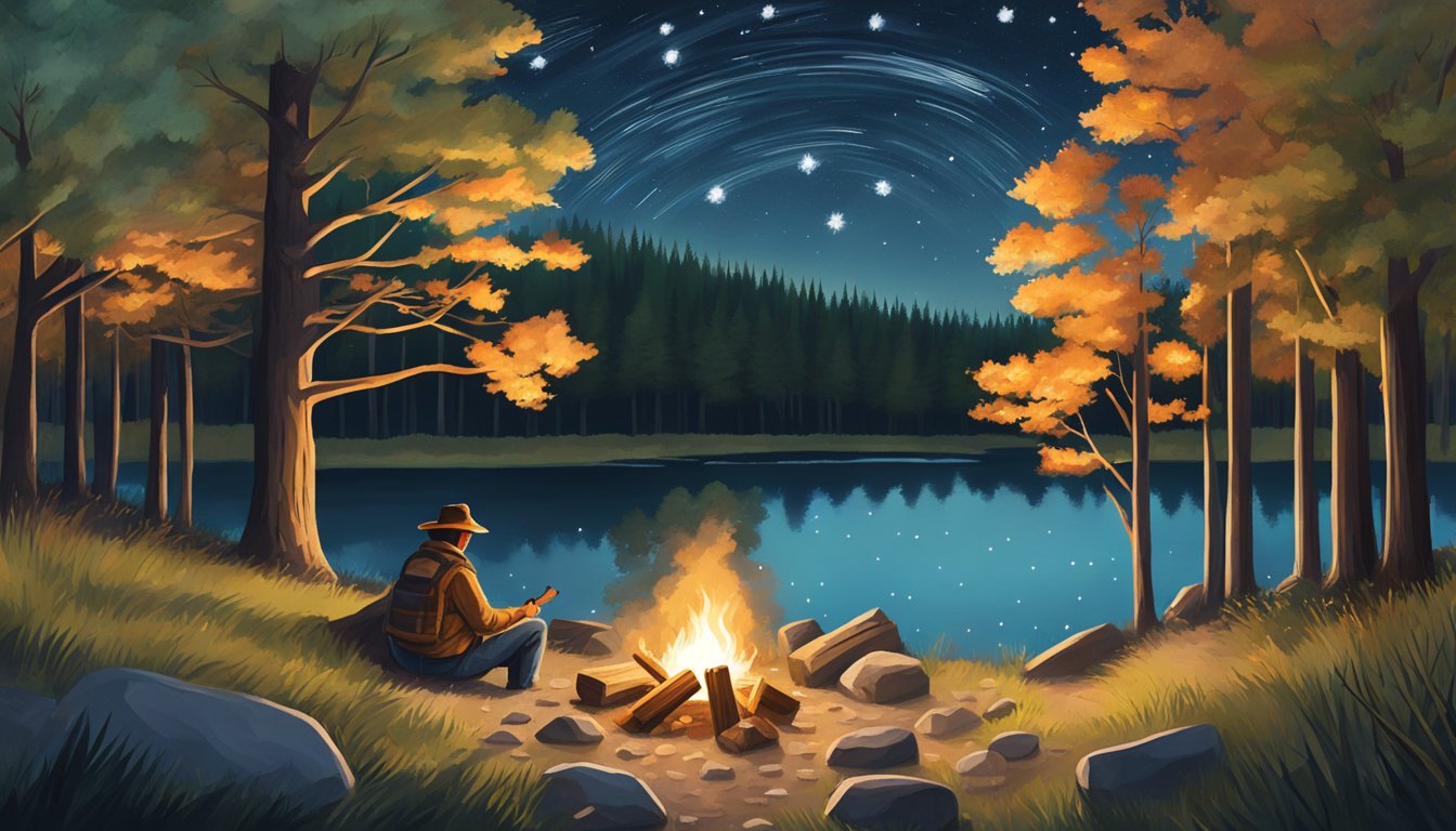 A cozy campfire crackles under the starry night sky, surrounded by towering trees and a peaceful stream at Caledonia State Park