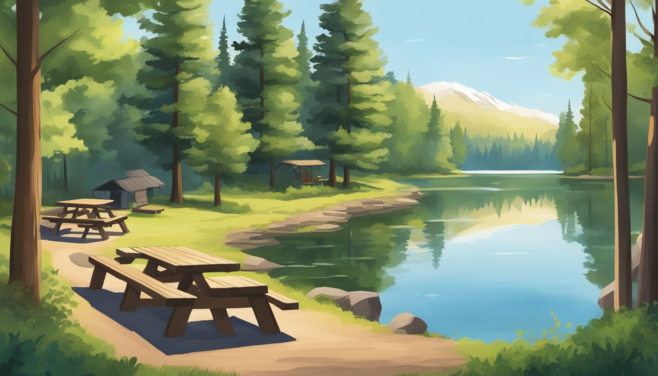Lush green trees surround a rustic campground with picnic tables and fire pits. A serene lake reflects the peaceful atmosphere, while hikers explore nearby trails
