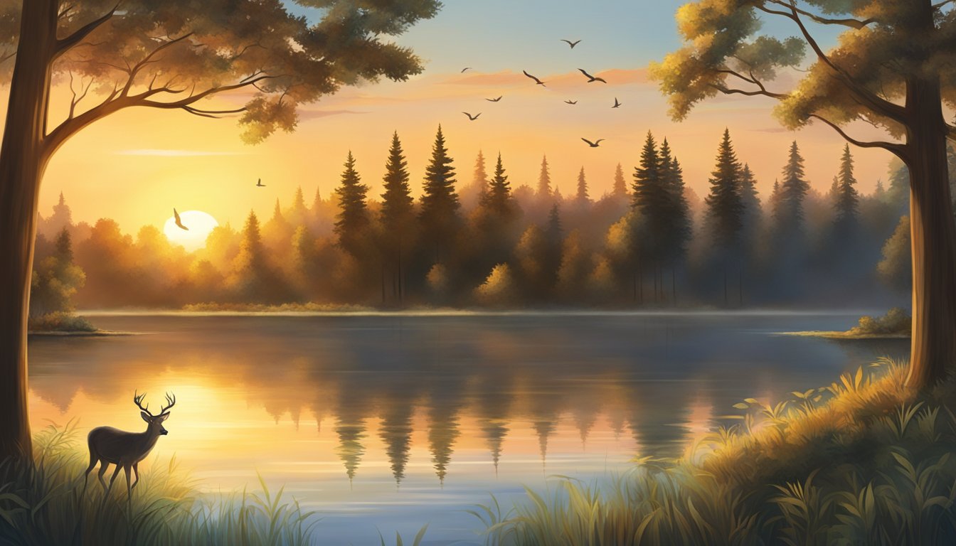The sun sets behind the towering trees, casting a warm glow over the tranquil lake. A family of deer cautiously emerges from the dense foliage, while birds sing in the distance