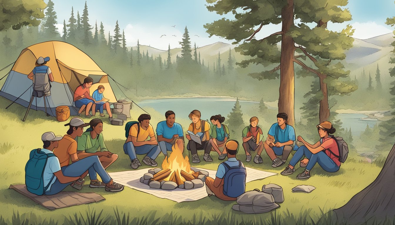 Families gather around a campfire, tents set up in the background. A map and guidebook lay open on a picnic table, as hikers plan their adventures
