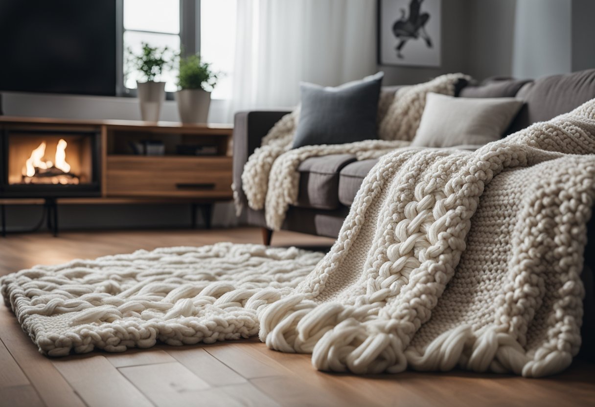 A cozy living room with oversized knitted blankets and pillows, draped over a comfortable sofa. A large knit rug adds texture to the wooden floor, creating a warm and inviting atmosphere