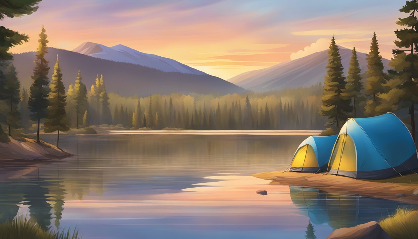 Sunset over Pactola Lake, with colorful tents pitched along the shore. Trees and mountains in the background, reflecting in the calm water